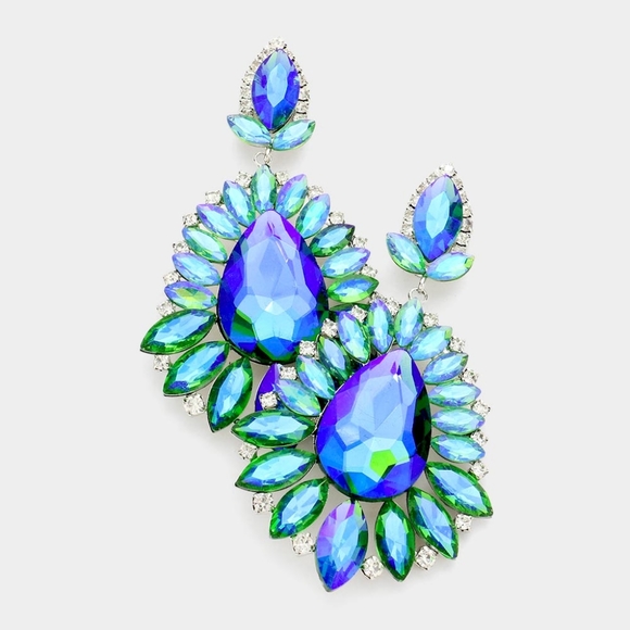 Blue Cluster Marquise Stone Crystal Dangle Earrings Teardrop Evening Jewels - Picture 1 of 4